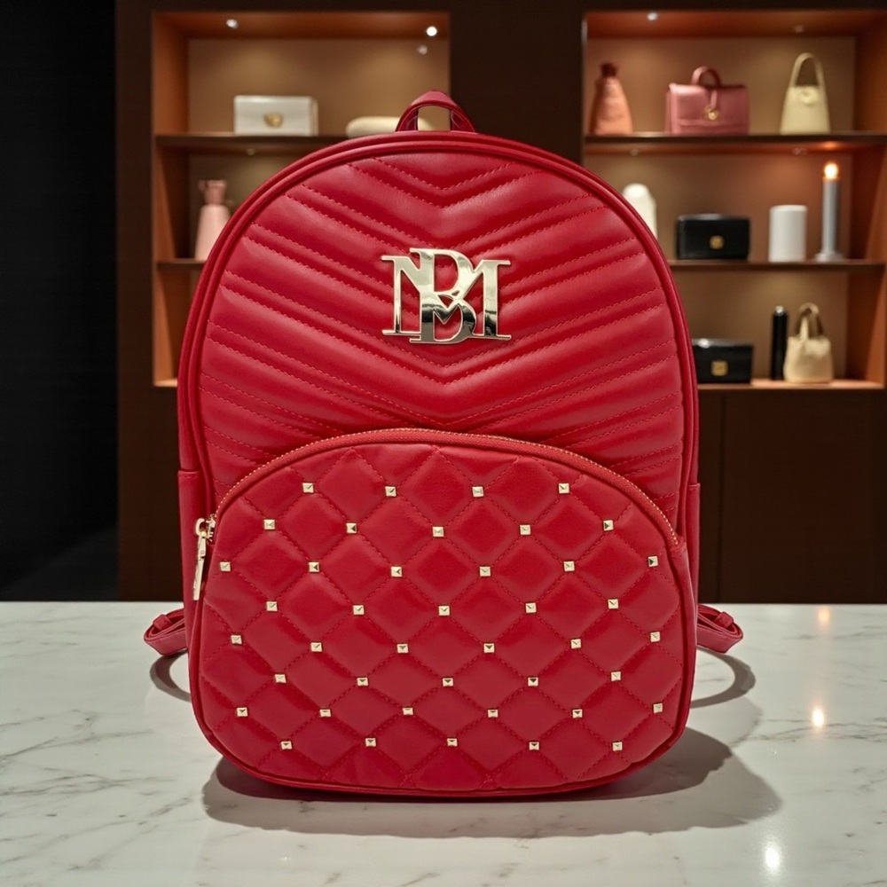 NWT Badgley Mischka Red Quilted Studded Mini Backpack